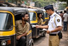 Police officer checks auto-rickshaw drivers