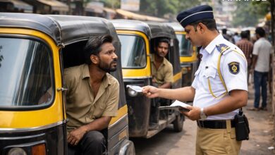 Police officer checks auto-rickshaw drivers