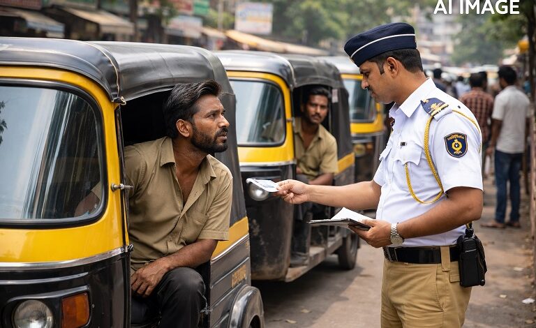 Police officer checks auto-rickshaw drivers